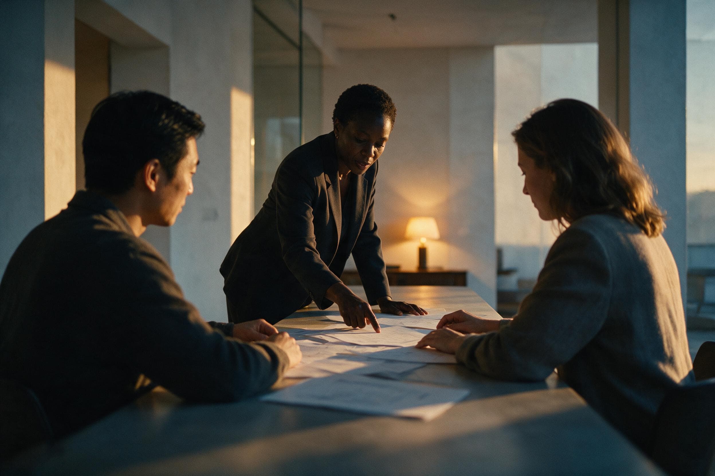 An advisor stands at a table at dusk, pointing out details in documents to two clients