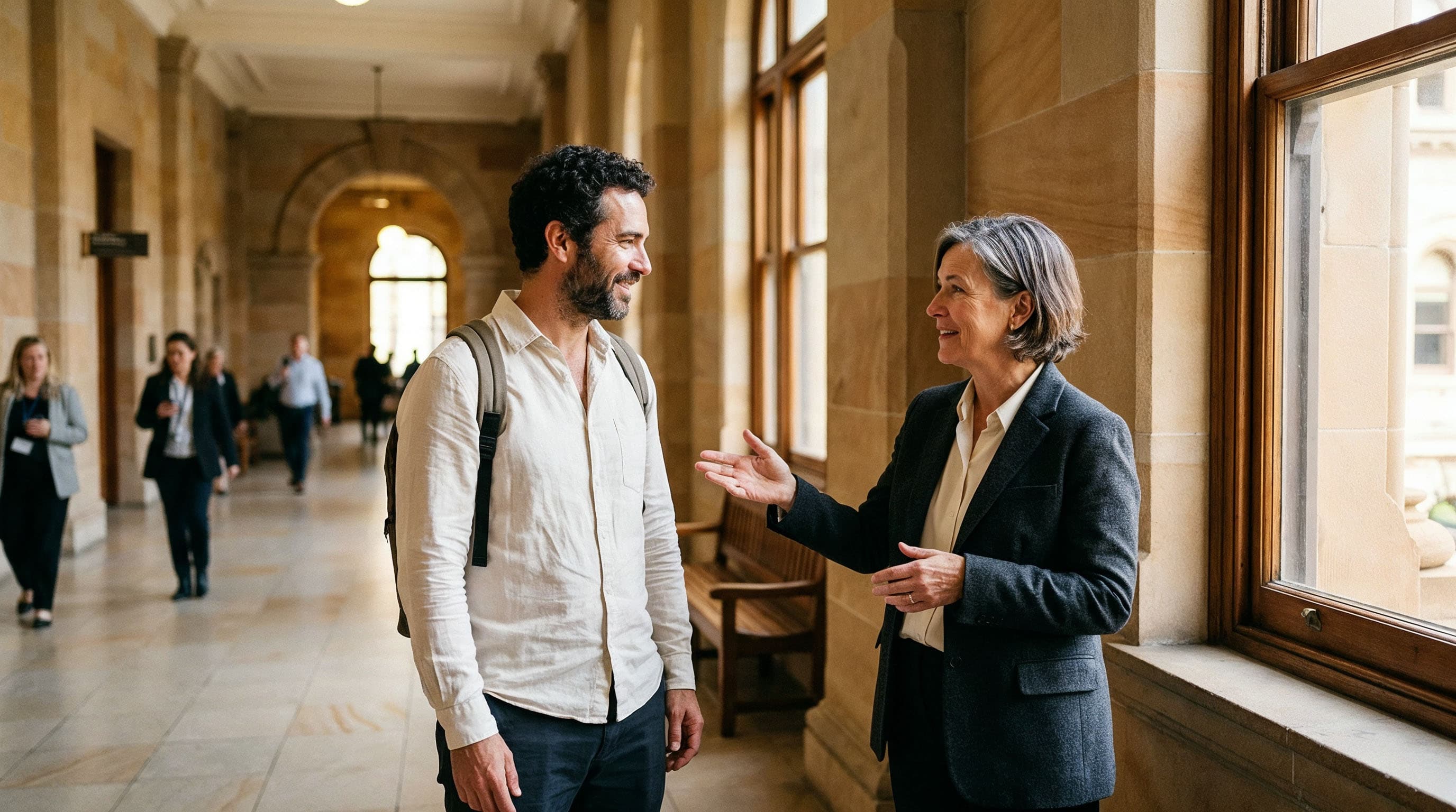Two people in conversation in the sunlit corridor of a government building